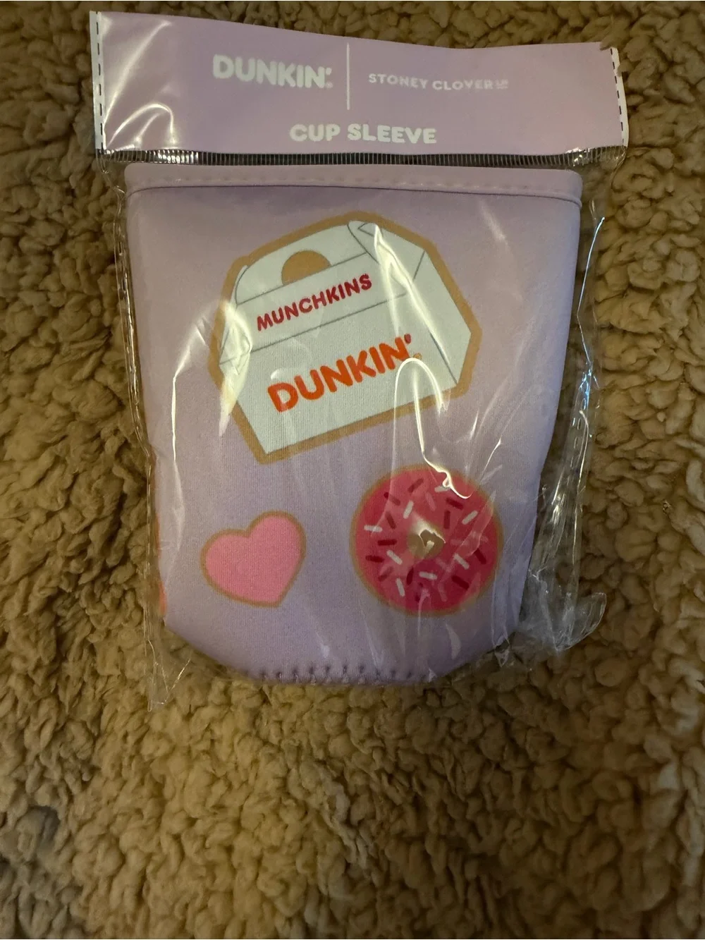 Dunkin' Lavender Neoprene Cup Sleeve with Donut & Heart Design